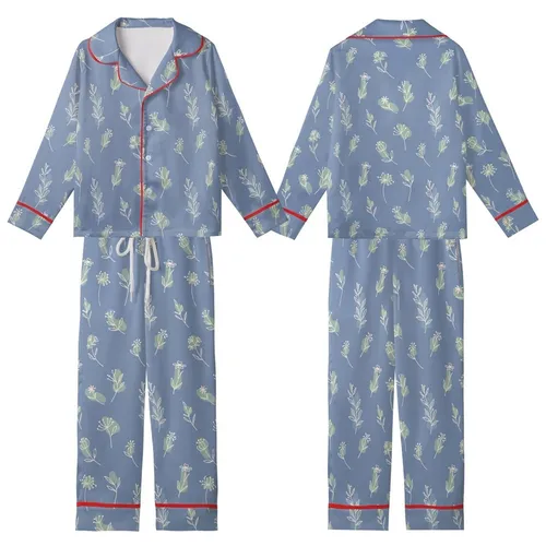 Women's Periwinkle Wildflower Print Gauze Cotton Pajama Set - Ruffle Top or Blouse Loungewear Kid Satin Pajamas Set
