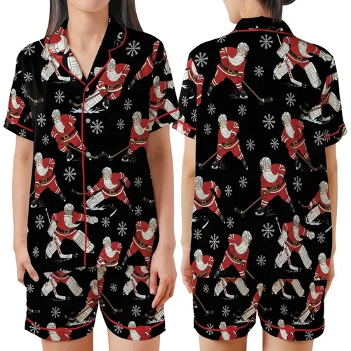 Santa Hockey Game: Dynamic Christmas Skaters & Snowflakes All-Over Pattern – Holiday Graphic Satin Short-Sleeve Pajamas Set
