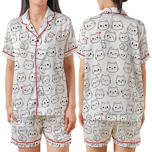Cat Lovers' Whimsical White Pink Red Black Hand-Drawn Scattered Cartoon Cat Faces Hearts Pattern Satin Short-Sleeve Pajamas Set