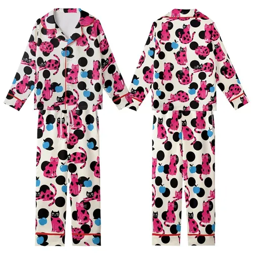 Cat Lovers' Whimsical Cream Hot Pink Flat Color Cartoon Cats Blue Apples Polka Dots Pattern Kid Satin Pajamas Set