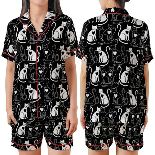 Cat Lovers' High-Contrast Black & White Cats Seamless Pattern with Stylized Hearts & Intertwined Tails Satin Short-Sleeve Pajamas Set