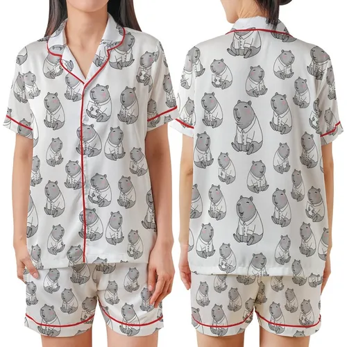 Women's Kawaii Capybara Sleep Set: Greyscale Blush Pink Imitation Silk Pajama Set Satin Short-Sleeve Pajamas Set