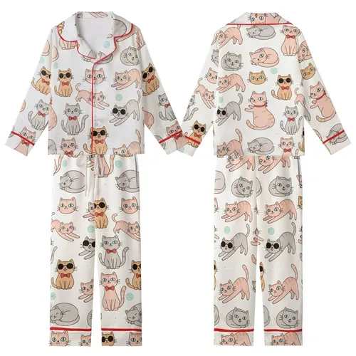 Cat Lovers' Whimsical Seamless Cartoon Cats Pattern: Light Pink, Peach, Gray Felines with Sunglasses & Red Bow Ties Kid Satin Pajamas Set