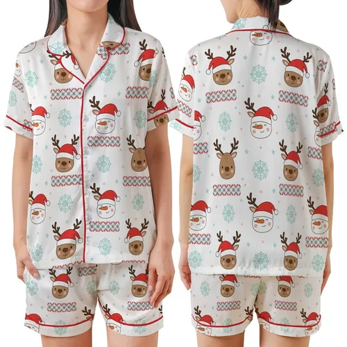Cozy Christmas Pajamas: Cute Reindeer Snowman & Fair Isle Pattern Sleepwear Satin Short-Sleeve Pajamas Set