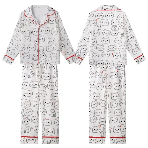 Cat Lovers' Whimsical White Pink Red Black Hand-Drawn Scattered Cartoon Cat Faces Hearts Pattern Kid Satin Pajamas Set
