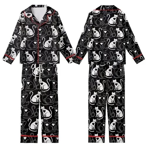 Cat Lovers' High-Contrast Black & White Cats Seamless Pattern with Stylized Hearts & Intertwined Tails Kid Satin Pajamas Set