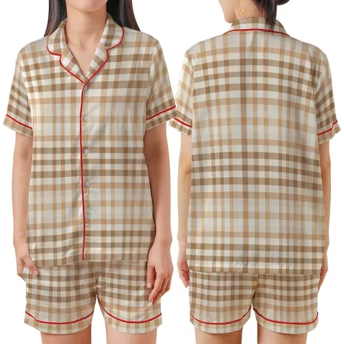 Women's Warm Brown Cream Geometric Plaid Organic Cotton Muslin Pajama Set Satin Short-Sleeve Pajamas Set