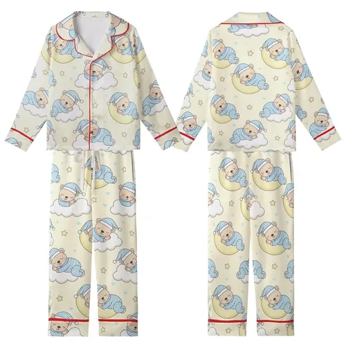 Whimsical Sleepy Bear Pastel Night Sky Digital Embroidery Design Kid Satin Pajamas Set