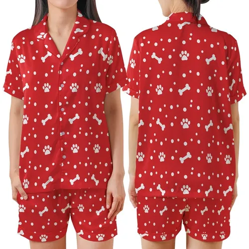 Great Dane Dog Sewing Pattern: Playful Red Polka Dot Paw Bone Zipper - Small Medium Sizes - Instant Download Satin Short-Sleeve Pajamas Set