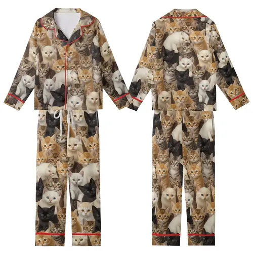 Children's Realistic Photo Kitten Collage Pattern Fleece Pajamas Set Kid Satin Pajamas Set