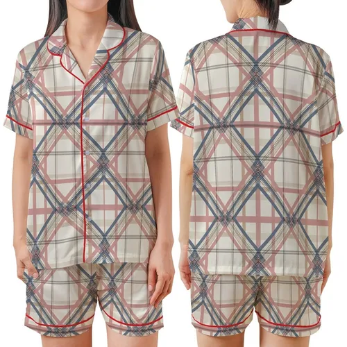 Bridesmaid & Family Matching Pajamas: Cream Rose Blue Tan Plaid Sleep Set Satin Short-Sleeve Pajamas Set