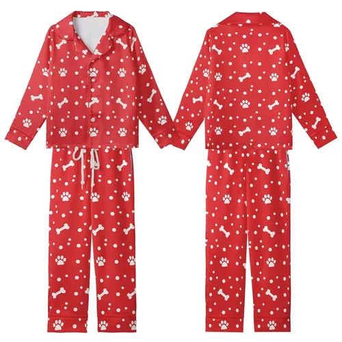 Great Dane Dog Sewing Pattern: Playful Red Polka Dot Paw Bone Zipper - Small Medium Sizes - Instant Download Kid Satin Pajamas Set
