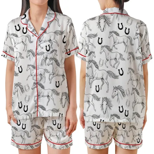 Horse Lover's Satin Pajamas: Vintage Hand-Sketched Black & White Equine & Horseshoe Set Satin Short-Sleeve Pajamas Set