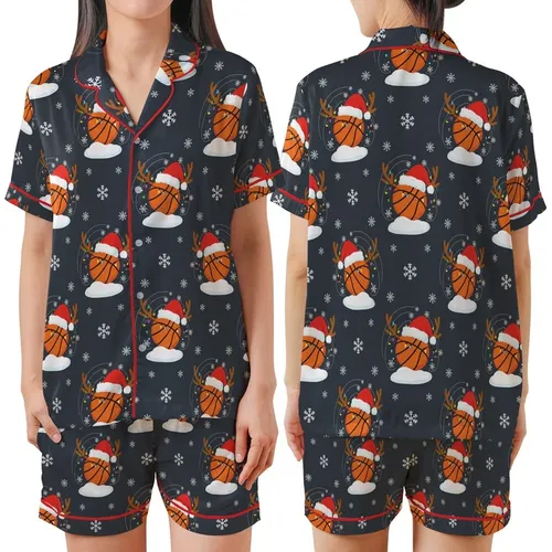 Basketball Lover's Whimsical Christmas Pattern: Santa Hat Hoops & Snowy Antlers Art Satin Short-Sleeve Pajamas Set