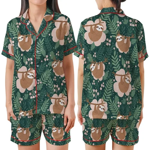Women's Sloth Floral Pajama Pants: Tea-Loving Sloths & Rose-Pink Forest Foliage Satin Short-Sleeve Pajamas Set