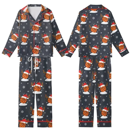Basketball Lover's Whimsical Christmas Pattern: Santa Hat Hoops & Snowy Antlers Art Kid Satin Pajamas Set