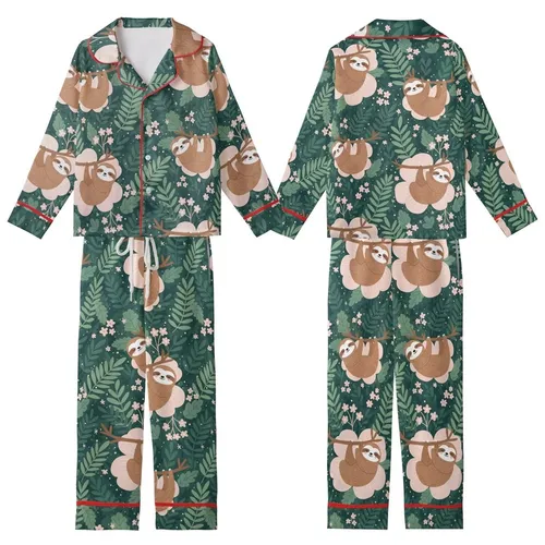 Women's Sloth Floral Pajama Pants: Tea-Loving Sloths & Rose-Pink Forest Foliage Kid Satin Pajamas Set