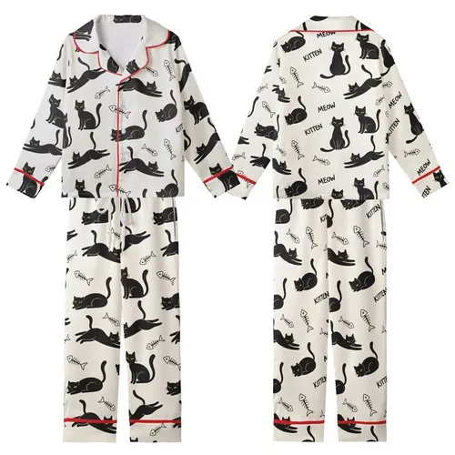 Cat Lovers' Whimsical Black Cat Olive Eye Fishbone MEOW KITTEN Creamy Off-White Pattern Kid Satin Pajamas Set