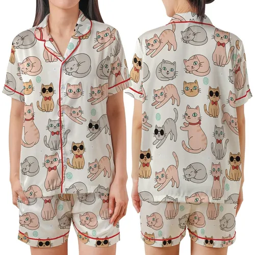 Cat Lovers' Whimsical Seamless Cartoon Cats Pattern: Light Pink, Peach, Gray Felines with Sunglasses & Red Bow Ties Satin Short-Sleeve Pajamas Set