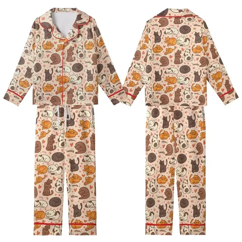 Cat Lovers' Whimsical Hand-Drawn Playful Sleepy Kitten Peach Seamless Pattern with Red Paw Prints Kid Satin Pajamas Set