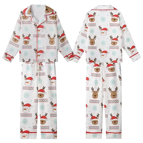 Cozy Christmas Pajamas: Cute Reindeer Snowman & Fair Isle Pattern Sleepwear Kid Satin Pajamas Set
