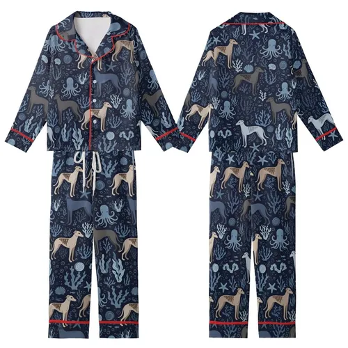 Women's Greyhound Lover Sleep Set: Midnight Blue Fawn Brindle Dog & Ocean Coral Pattern - Silky Stretch Kid Satin Pajamas Set