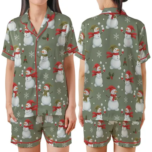 Women's Whimsical Snowman & Holly Pajamas: Muted Olive Winter Sleep Set Satin Short-Sleeve Pajamas Set
