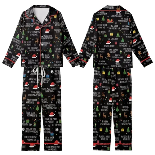 Family Group "Most Likely To" Christmas Pajamas: Festive Activity Pattern & Holiday Illustrations on Black Kid Satin Pajamas Set