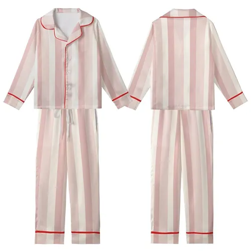 Women's Off-White Cream & Pastel Pink Rose Vertical Stripe Mulberry Silk Sleep Set Kid Satin Pajamas Set