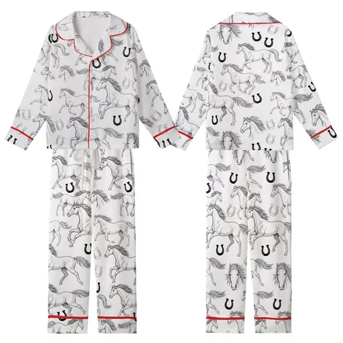 Horse Lover's Satin Pajamas: Vintage Hand-Sketched Black & White Equine & Horseshoe Set Kid Satin Pajamas Set