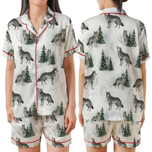 Winter Wolf Pack: Hand-Painted Watercolor Snowy Forest Seamless Art Satin Short-Sleeve Pajamas Set