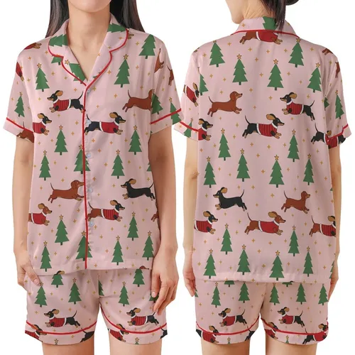 Family Dachshund Christmas Pajamas: Playful Dog & Star Pastel Pink Print - Soft Knit Sleep Set Satin Short-Sleeve Pajamas Set