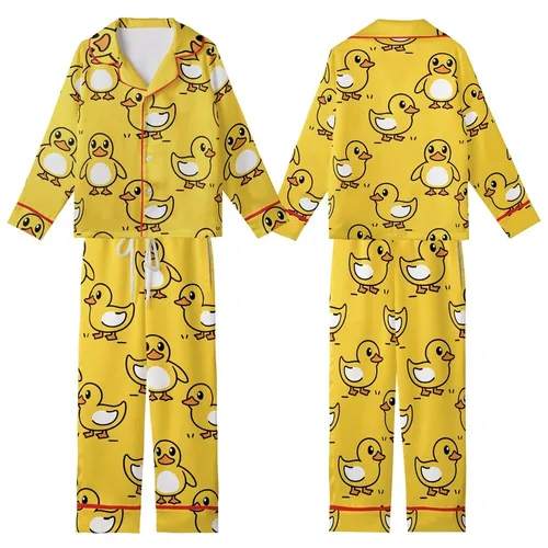 Playful Yellow Duck Pattern: Seamless Swimming Cartoon Ducks Flat Art Print Kid Satin Pajamas Set
