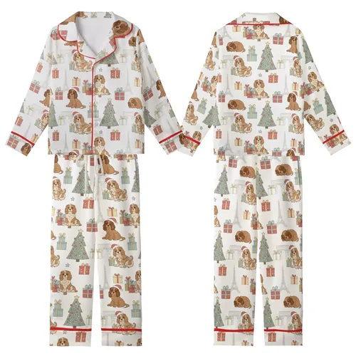 Women's Whimsical Parisian Puppy Christmas Pajamas: Cavalier King Charles Spaniel & Eiffel Tower Sleep Set Kid Satin Pajamas Set