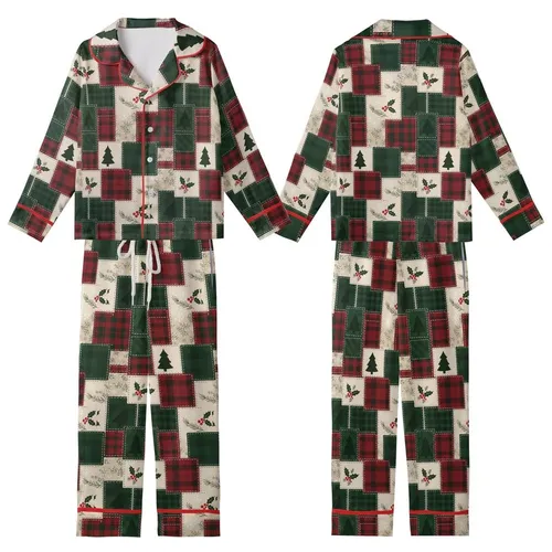 Family Retro Christmas Loungewear: Quilted Tartan Plaid Patchwork, Holly Tree & Snowflake Design Kid Satin Pajamas Set