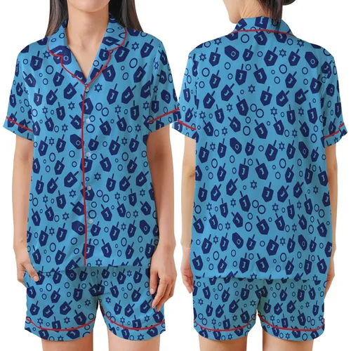Hanukkah Festival: Dark Blue Dreidel Gelt Star Flat Graphic All-Over Print Satin Short-Sleeve Pajamas Set