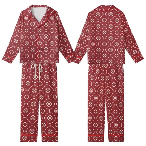 Heritage Geometric: Cranberry White Interlocking Squares & Diamond Pattern - Art Motif Kid Satin Pajamas Set