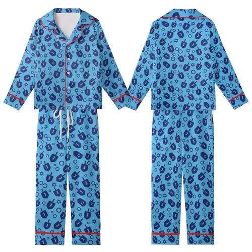 Hanukkah Festival: Dark Blue Dreidel Gelt Star Flat Graphic All-Over Print Kid Satin Pajamas Set