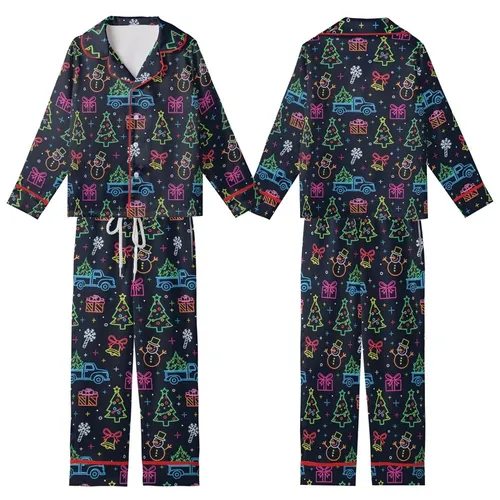 Women's Retro Neon Christmas Snowman Tree Holiday Polyester Spandex Sleep Set Kid Satin Pajamas Set