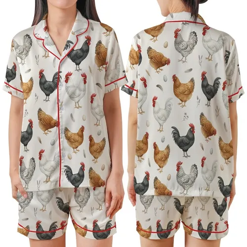 Women's Valentine Coquette Watercolor Farm Fowl Pajamas: Rooster, Hen & Wildflower Print Satin Short-Sleeve Pajamas Set