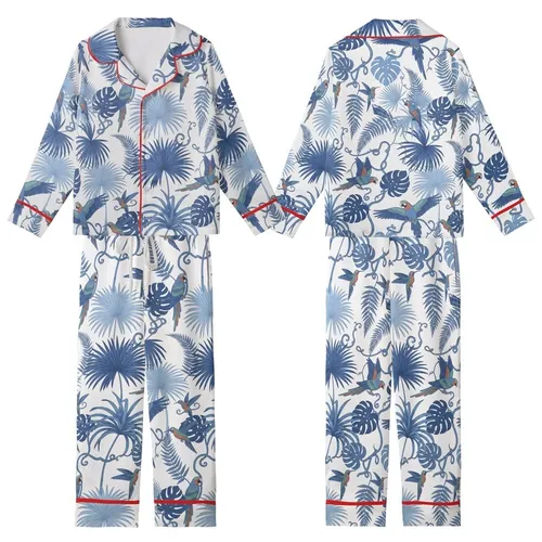Azure Blooms Pyjama Set: Hand-Drawn Indigo Tropical Birds 100% Cotton Loungewear Gift Kid Satin Pajamas Set