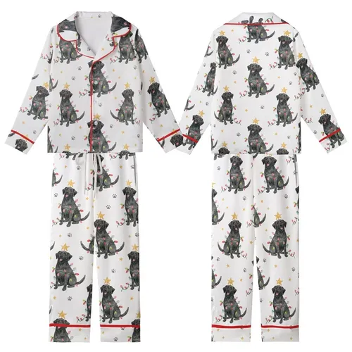 Black Lab Christmas Pajamas: Hand-Drawn Watercolor Dog & Gold Star Lights - Relaxed Jersey Knit Kid Satin Pajamas Set