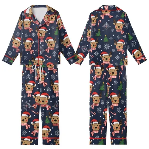 Family Holiday: Playful Reindeer & Snowflake Navy Pattern Long Sleeve Pajamas Kid Satin Pajamas Set