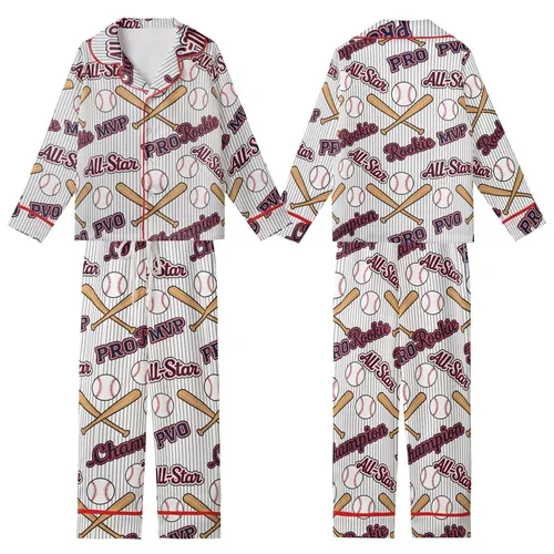 Diamond League Retro Pattern: Pinstripe Baseball & Champion Script Print Kid Satin Pajamas Set