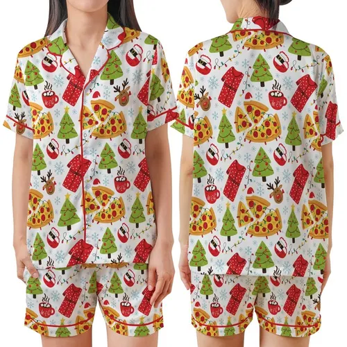 Whimsical Pizza Christmas: Hand-Drawn Holiday Food Pattern with Reindeer & Cocoa Print Satin Short-Sleeve Pajamas Set