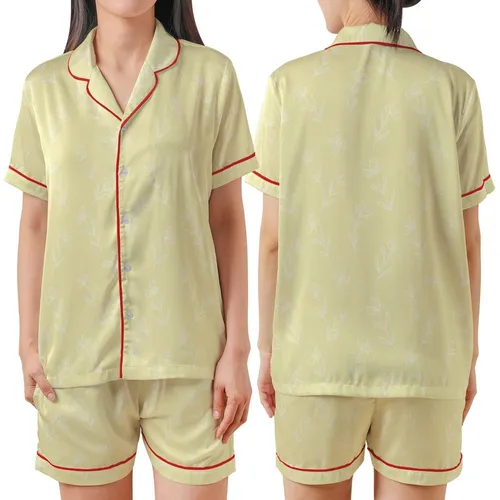Women's Muslin Cotton Pajamas: Delicate Pale Yellow Wildflower Botanical Print - Breathable Sleepwear Satin Short-Sleeve Pajamas Set