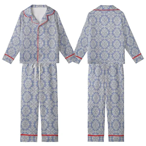 Women's Hand-Printed Periwinkle Botanical Block Print Organic Cotton Sleep Set Kid Satin Pajamas Set