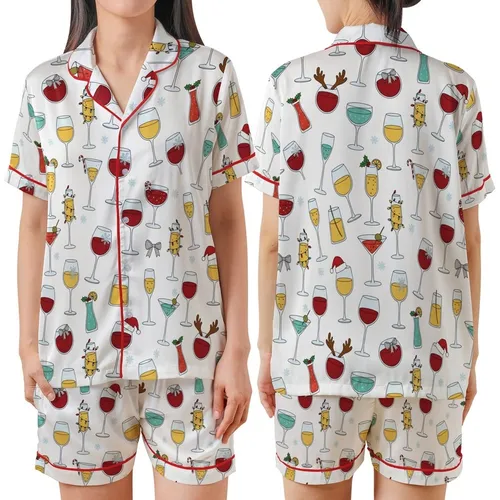 Family Red Wine Christmas Pajamas: Whimsical Glass & Reindeer Lights Pattern - Soft Poly-Spandex Set Satin Short-Sleeve Pajamas Set