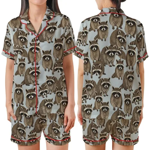 Raccoon Enthusiast's Photorealistic Woodland Repeat Pattern - Pale Grey Wildlife Design Satin Short-Sleeve Pajamas Set
