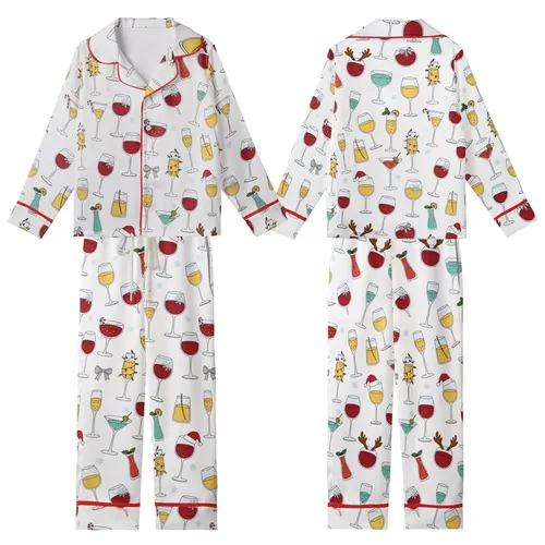 Family Red Wine Christmas Pajamas: Whimsical Glass & Reindeer Lights Pattern - Soft Poly-Spandex Set Kid Satin Pajamas Set